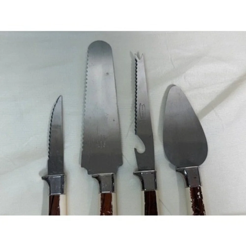 Lifetime Cutlery Sheffield England Serving Set 4pc Faux Wood Floral Inlay Fair
